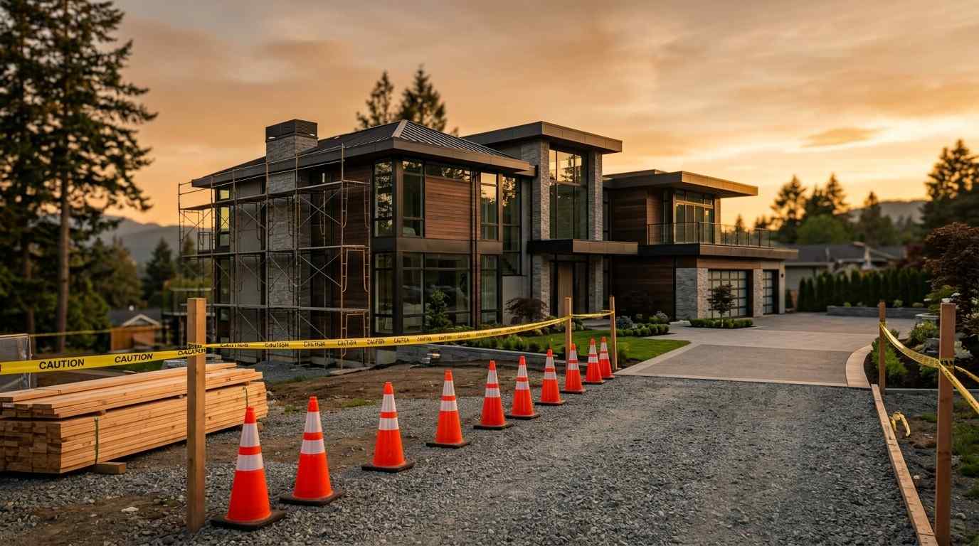 Luxury home under construction with safety cones and scaffolding.