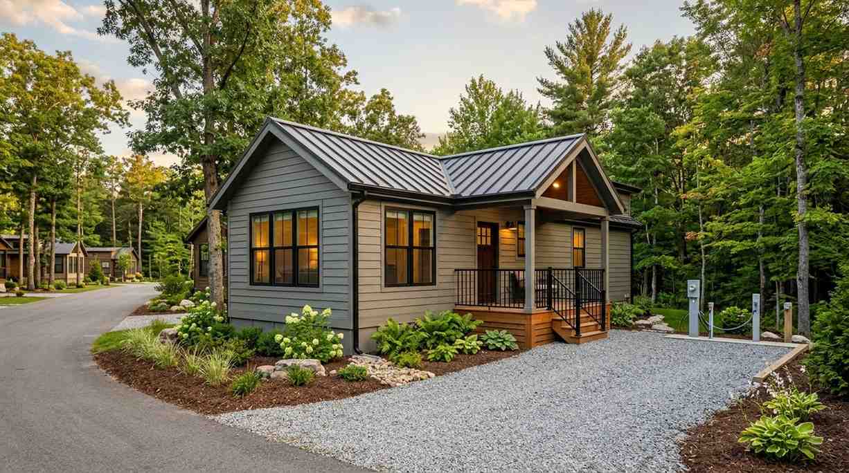 Park model home in a wooded RV resort community featuring a covered front porch, landscaped planting beds, gravel parking area, utility hookups, and neighboring cottage-style units along a private road, highlighting a compact residential retreat designed for seasonal or extended stays.