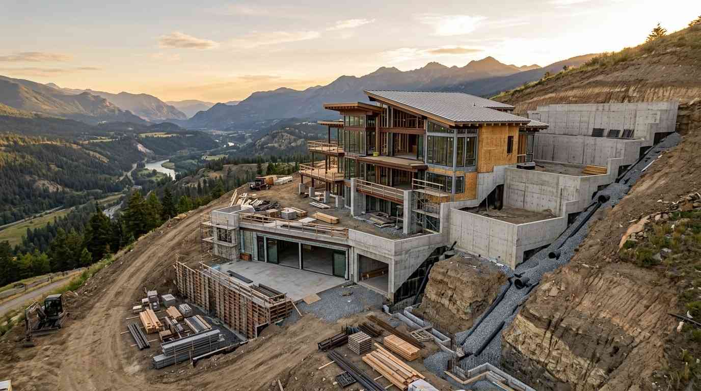 Luxury mountainside home under construction with terraced concrete foundation and panoramic valley views
