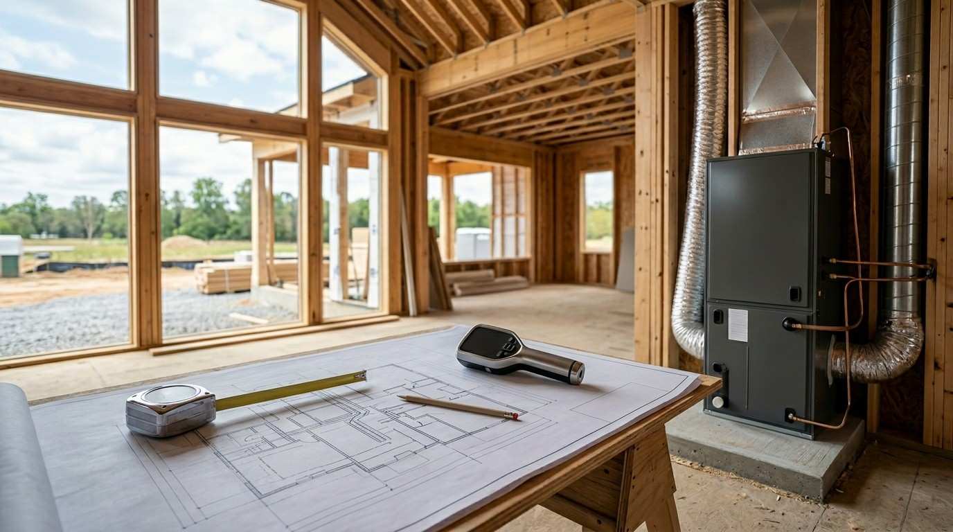 HVAC system installation planning in a new home construction with ductwork, furnace, and floor plans.