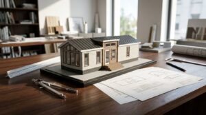Architectural model home with floor plans and drafting tools on office desk.