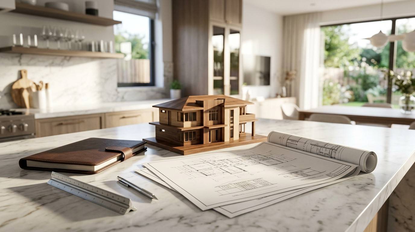 House model, architectural blueprints, and planning tools displayed on a modern kitchen countertop.