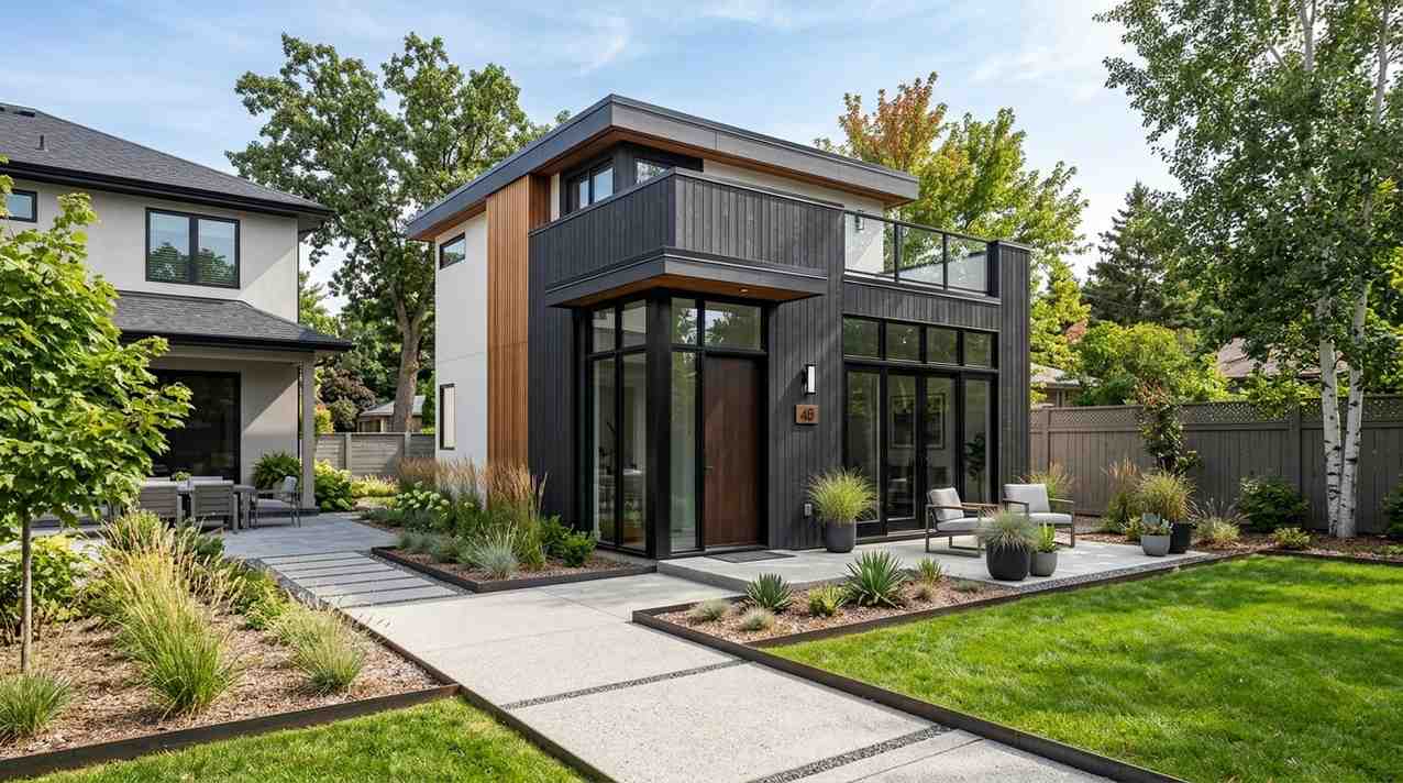 Modern detached ADU with black and wood exterior, large windows, balcony, landscaped yard, and patio seating area.