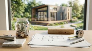 Savings jar, floor plans, and measuring tools on a table with a modern park model home in the background, representing housing costs and budgeting.
