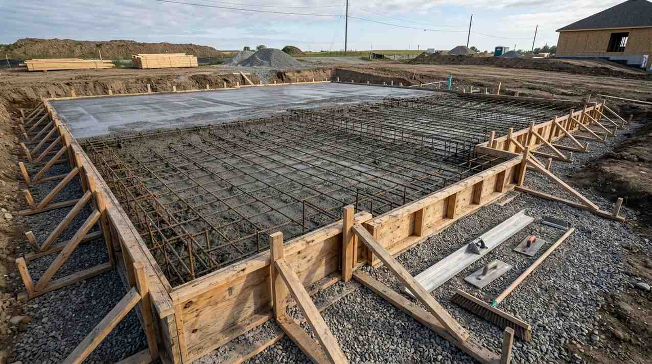 Concrete foundation slab under construction with rebar framework and wooden forms.