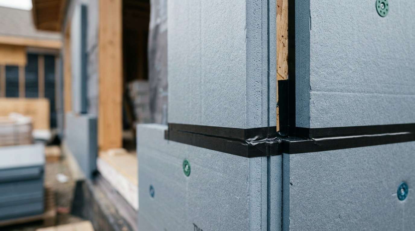 Continuous exterior insulation installation on a high-performance building wall.