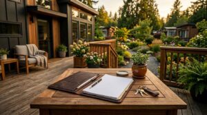 Documents and keys on a deck table outside a park model home, representing residential living regulations and ownership.