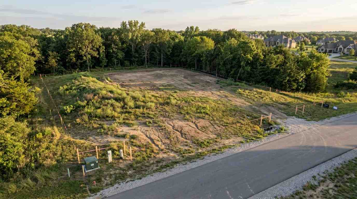 Vacant land parcel with graded homesite and survey boundary stakes
