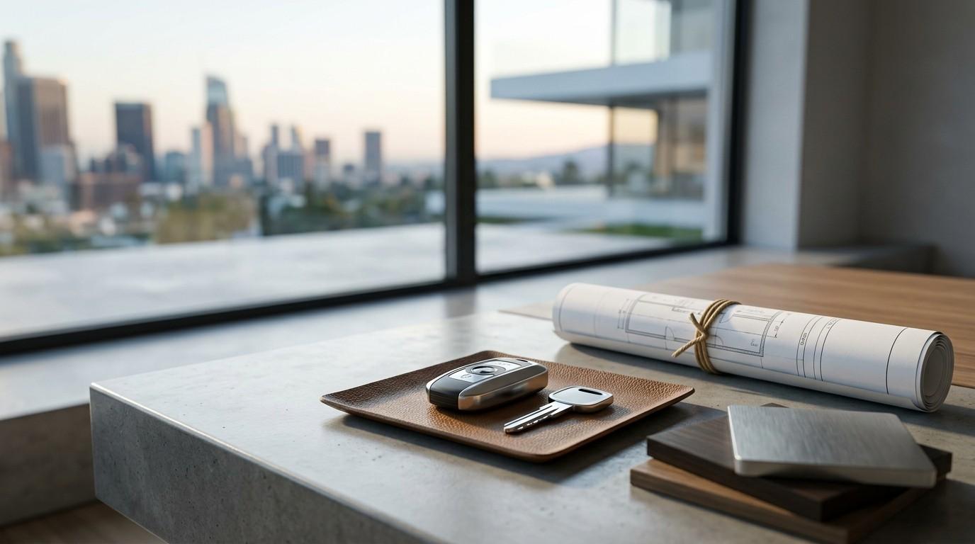 House keys, architectural plans, and material samples on a countertop overlooking a modern city skyline.