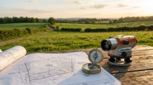 Land survey plan with compass and leveling instrument overlooking rural acreage.