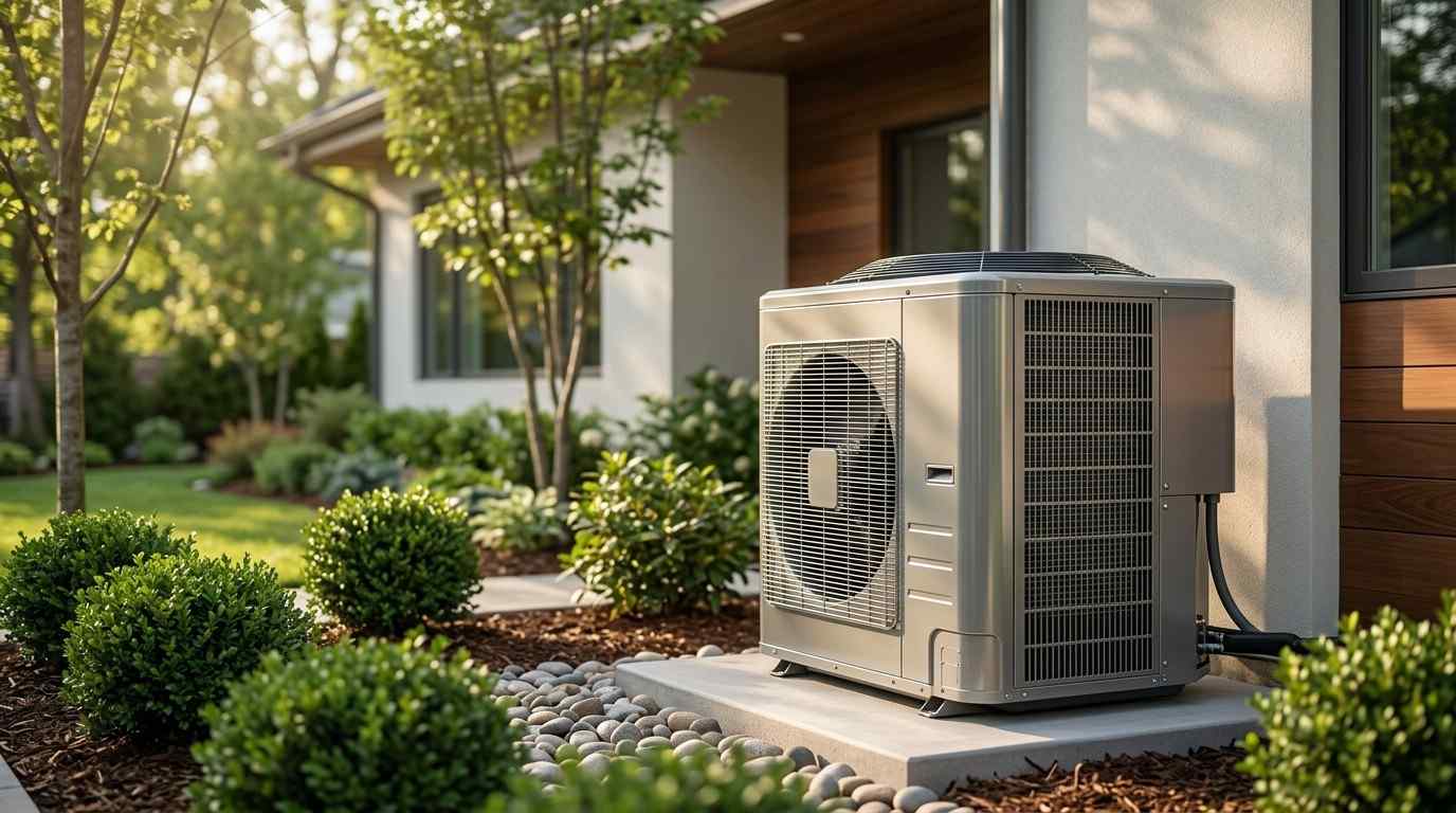 Outdoor HVAC condenser unit installed beside a modern home, surrounded by landscaped shrubs and decorative stone ground cover.