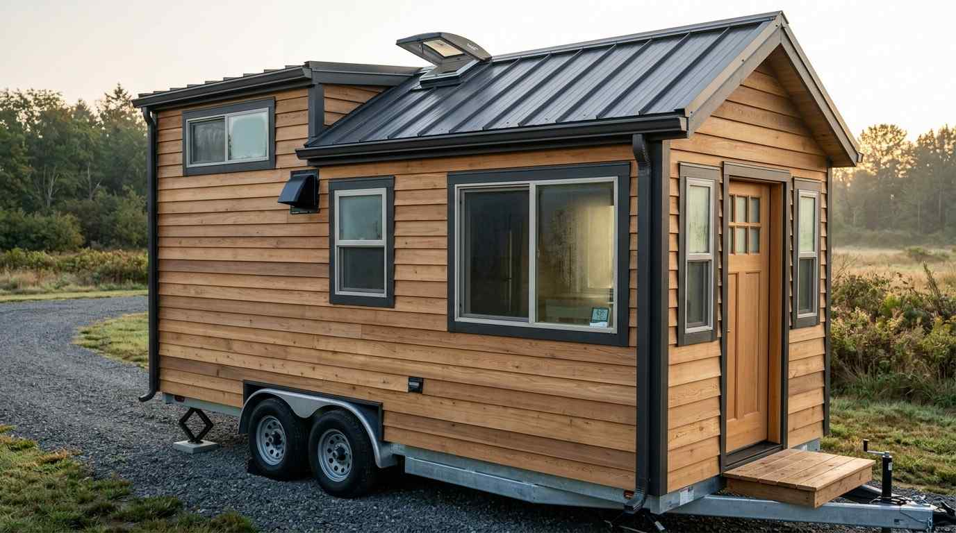 Tiny house on wheels with wood siding, metal roof, and roof vent for moisture control.