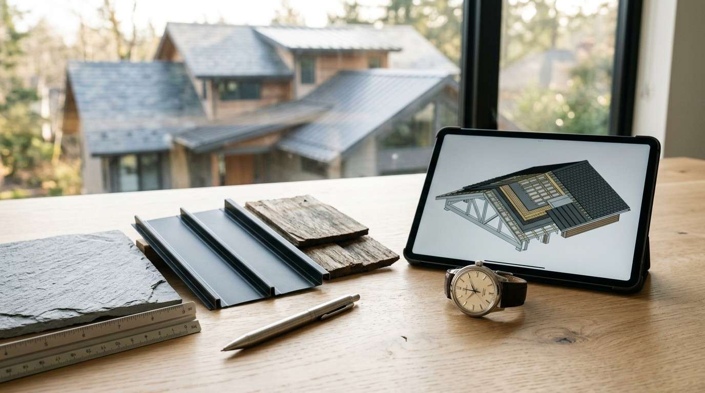Roofing material samples, architectural design tablet, and planning tools on a desk overlooking a modern residential home.