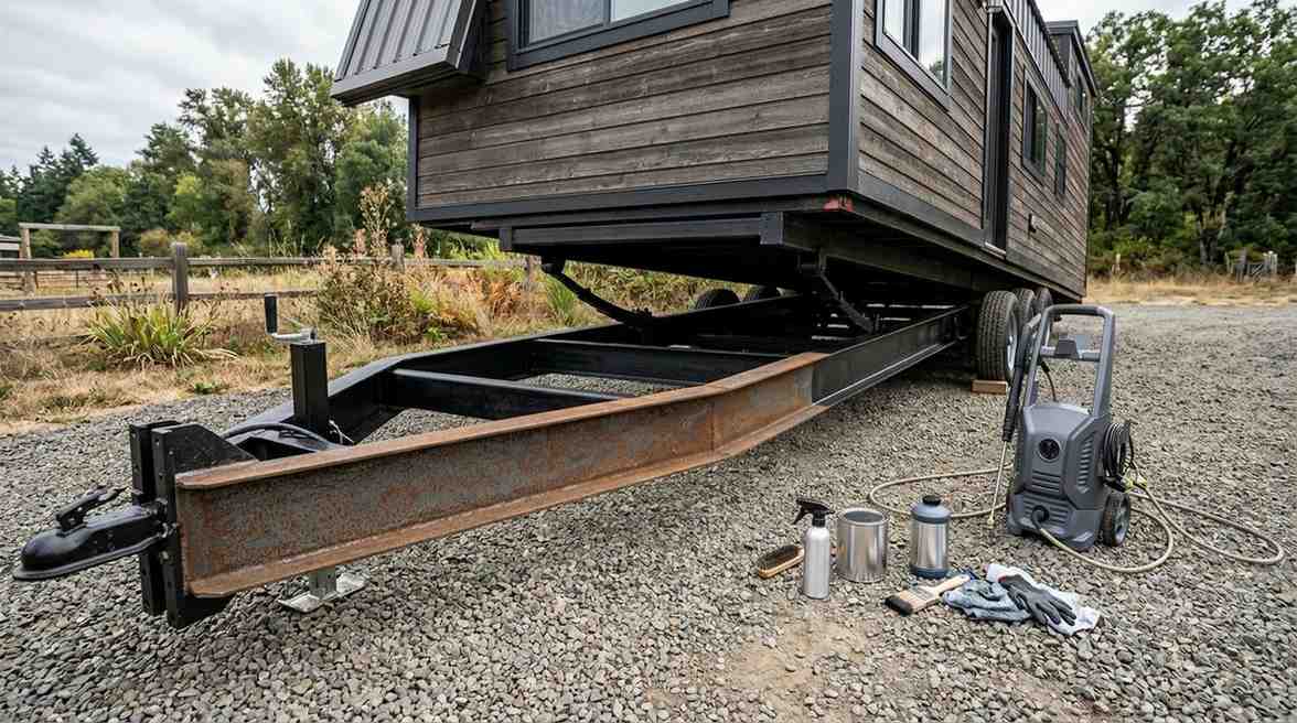 Tiny house trailer frame being cleaned and inspected for rust and maintenance.