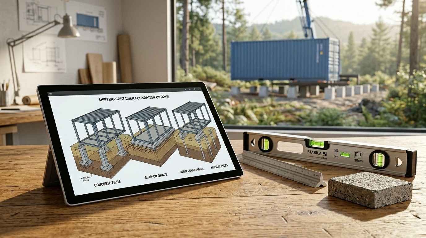 Shipping container foundation options displayed on a tablet beside construction tools.