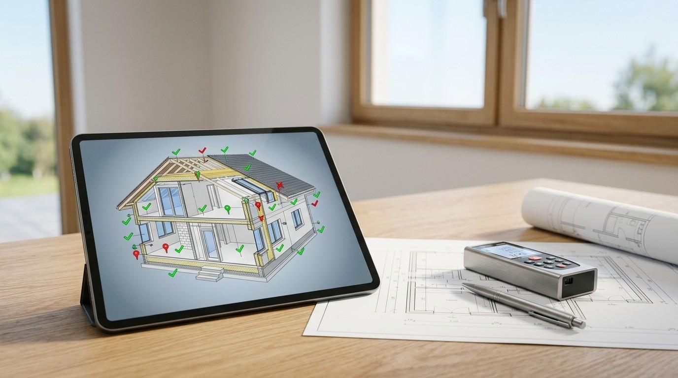 Building envelope inspection plans with a digital measuring device and architectural drawings on a desk, beside a tablet displaying a residential construction assessment model.