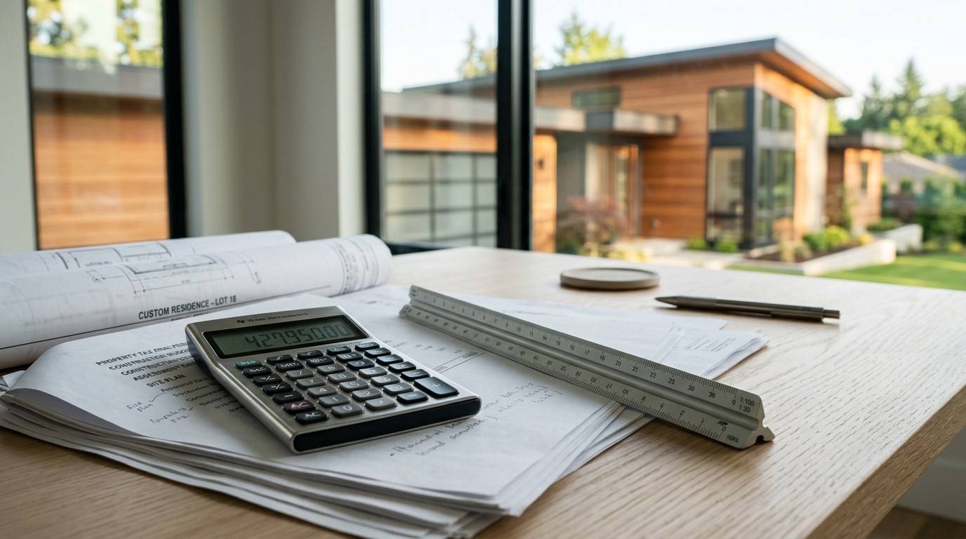 Calculator and construction plans on a desk.