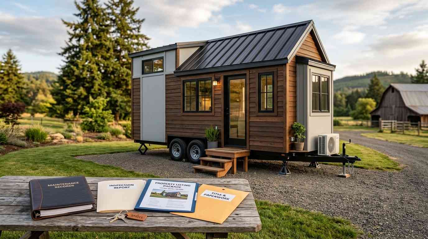 Tiny house on wheels with inspection reports, maintenance records, and resale documents displayed in the foreground.