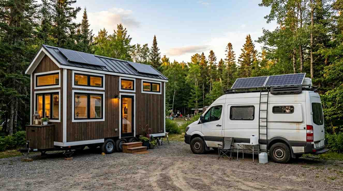 Tiny house and camper van with solar panels parked side by side in a forest campsite.