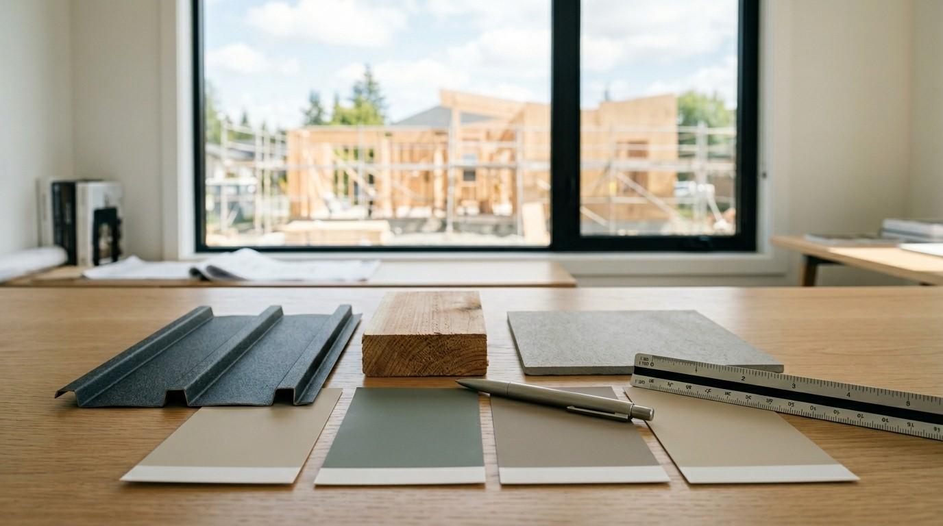 Construction material samples, color swatches, and measuring tools arranged on a desk, with a residential building project visible through the window.