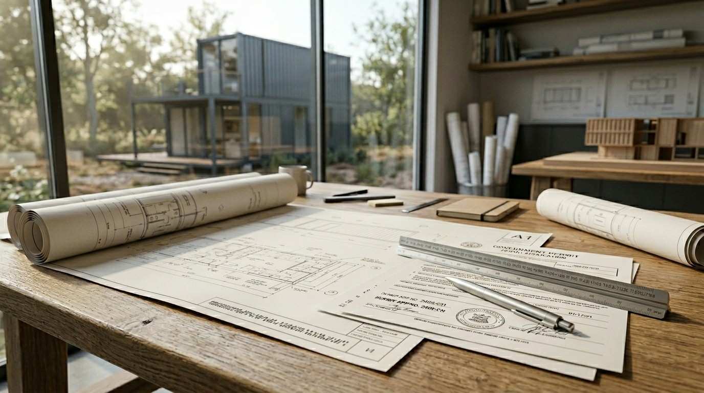 Shipping container home permit documents and blueprints on an architect’s desk.