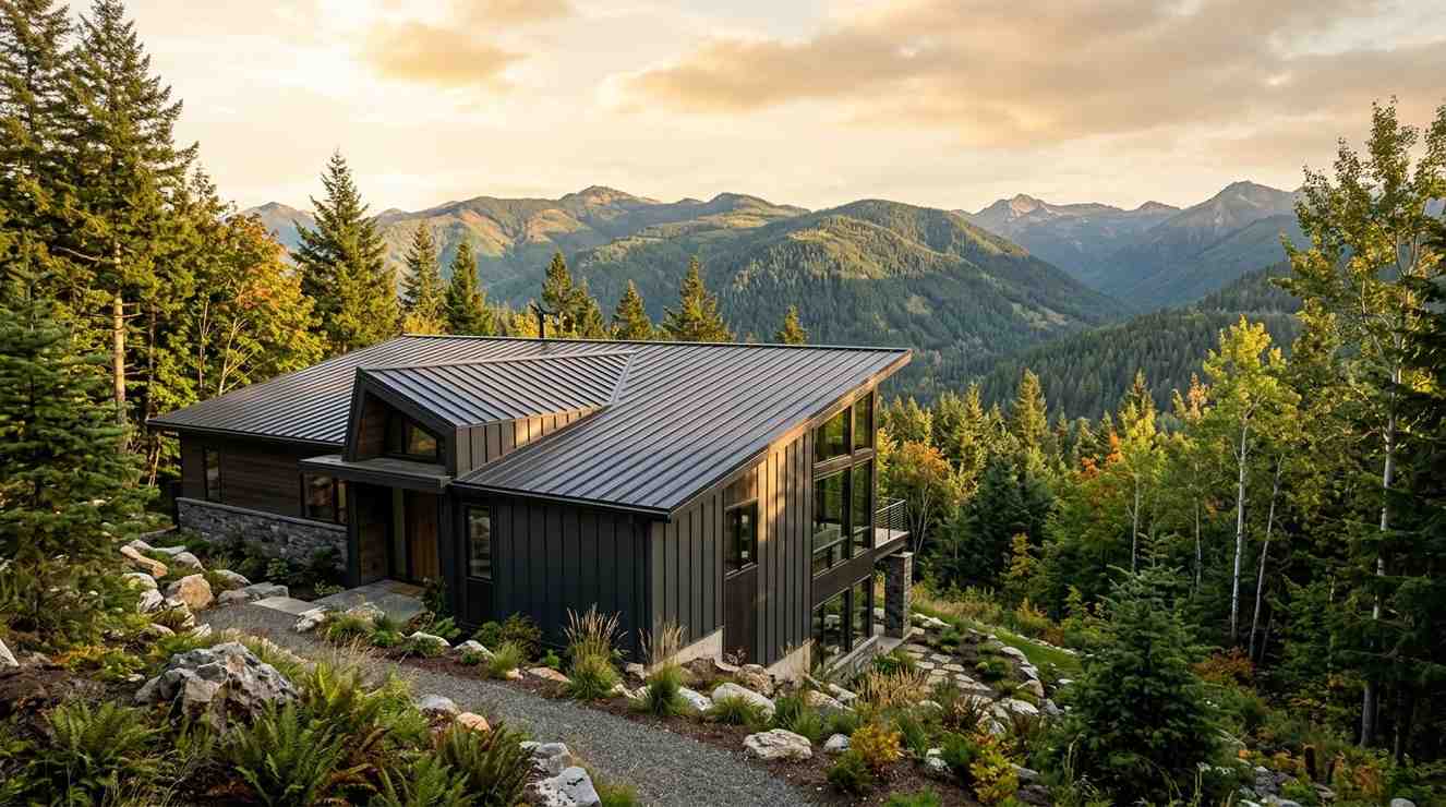 Modern mountain home with a dark metal roof and forest views.