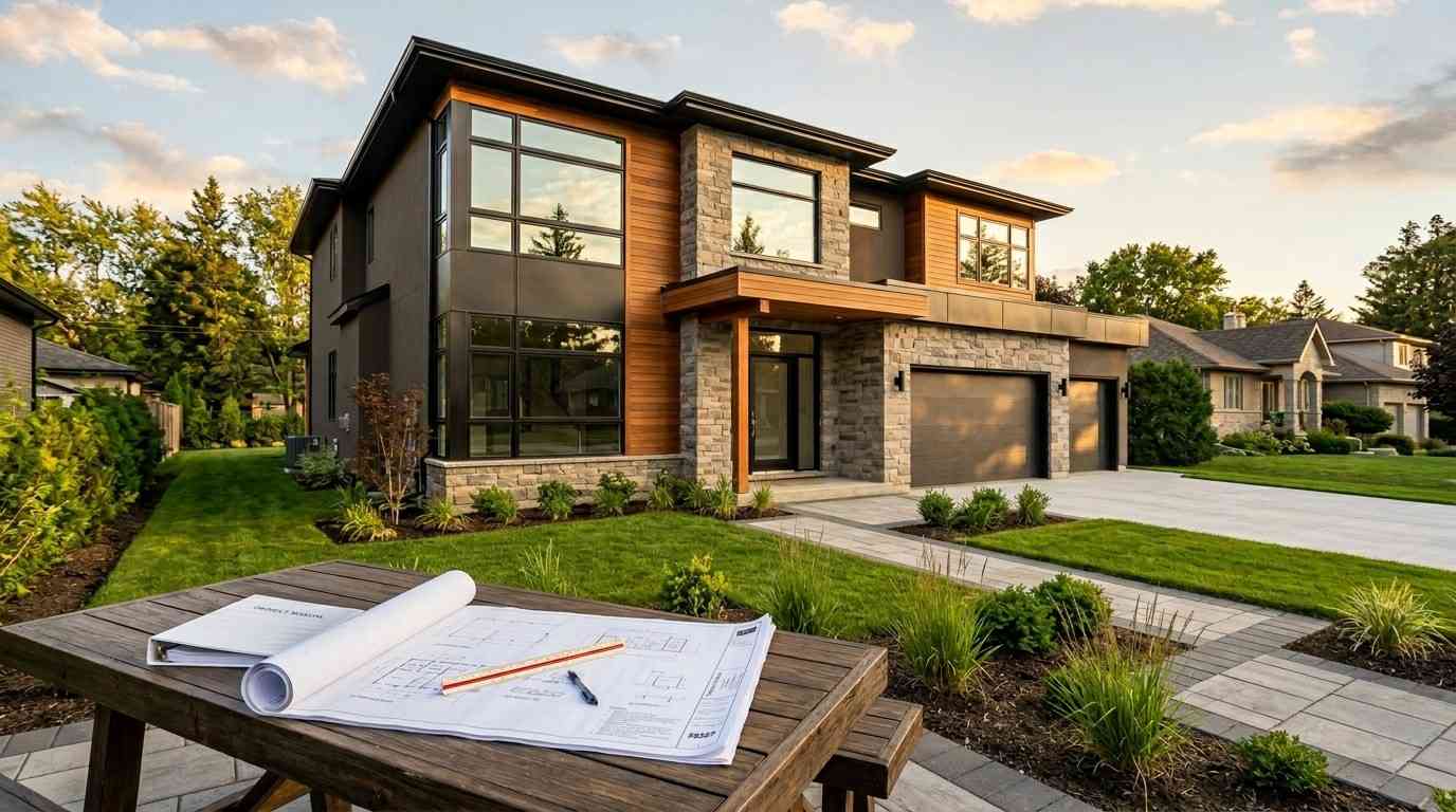 Modern two-story home with stone and wood accents, landscaped yard, three-car garage, and architectural plans displayed on a table in the foreground.