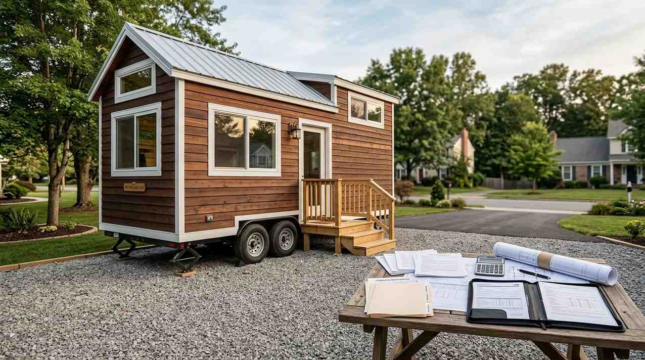 Tiny house on wheels with financing documents and plans on an outdoor table.