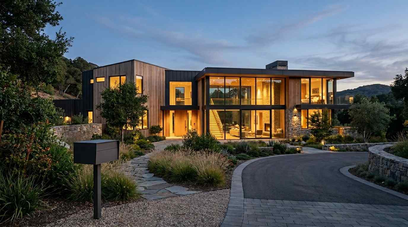 Modern luxury home exterior at dusk.