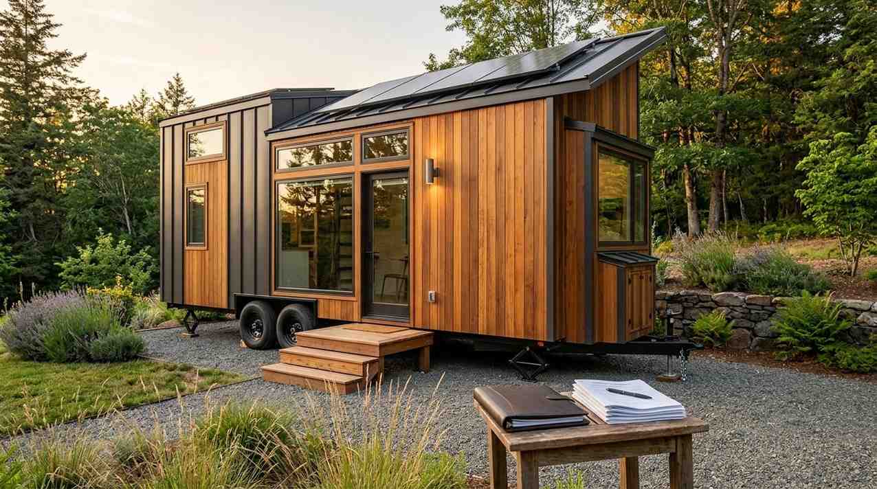 Solar-powered tiny house with financing paperwork on a table in the foreground.