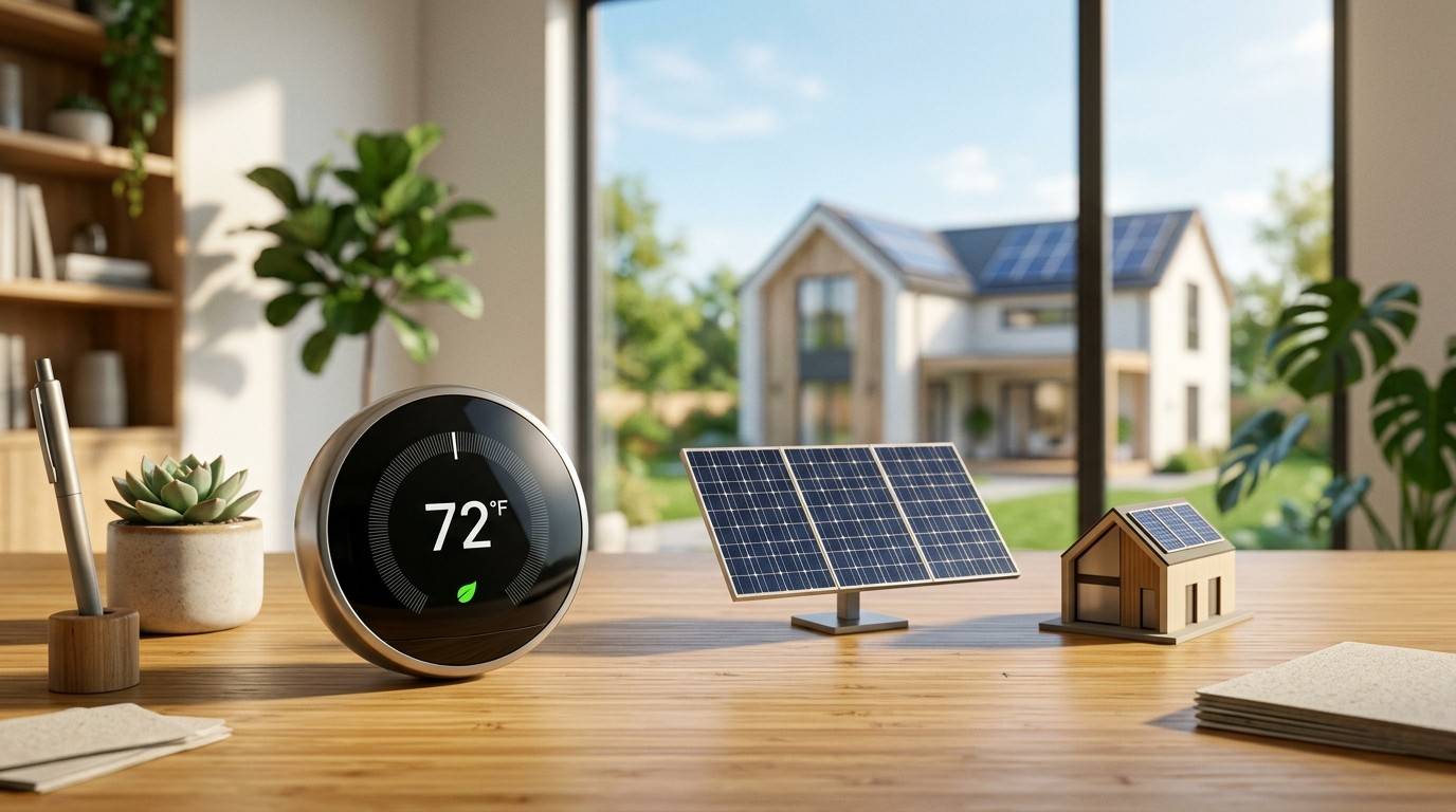 Smart thermostat and solar panel model on a desk.