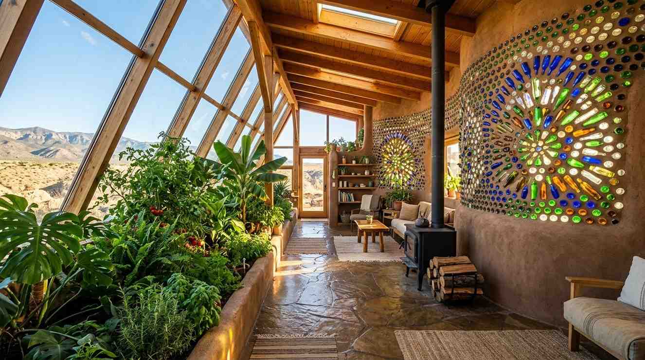 Earthship home interior greenhouse with bottle wall art, skylights, and indoor plants.