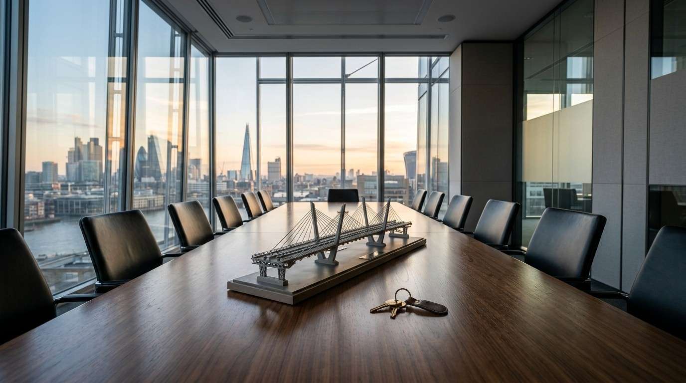 Boardroom with bridge model and keys overlooking a city skyline.