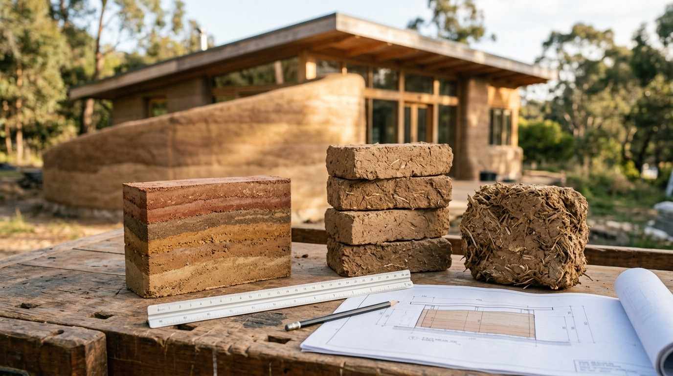Earthen wall building materials and construction plans in front of a natural home.
