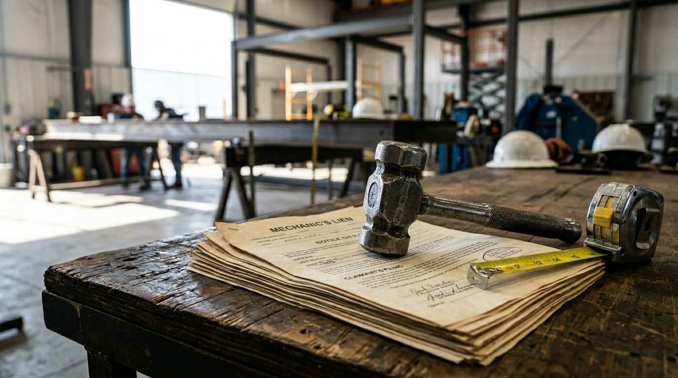 Mechanic’s lien documents with tools on a workshop table.