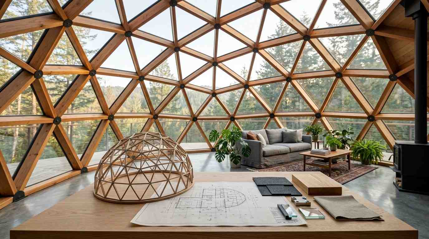 Geodesic dome home interior with panoramic windows, architectural model, and design plans.
