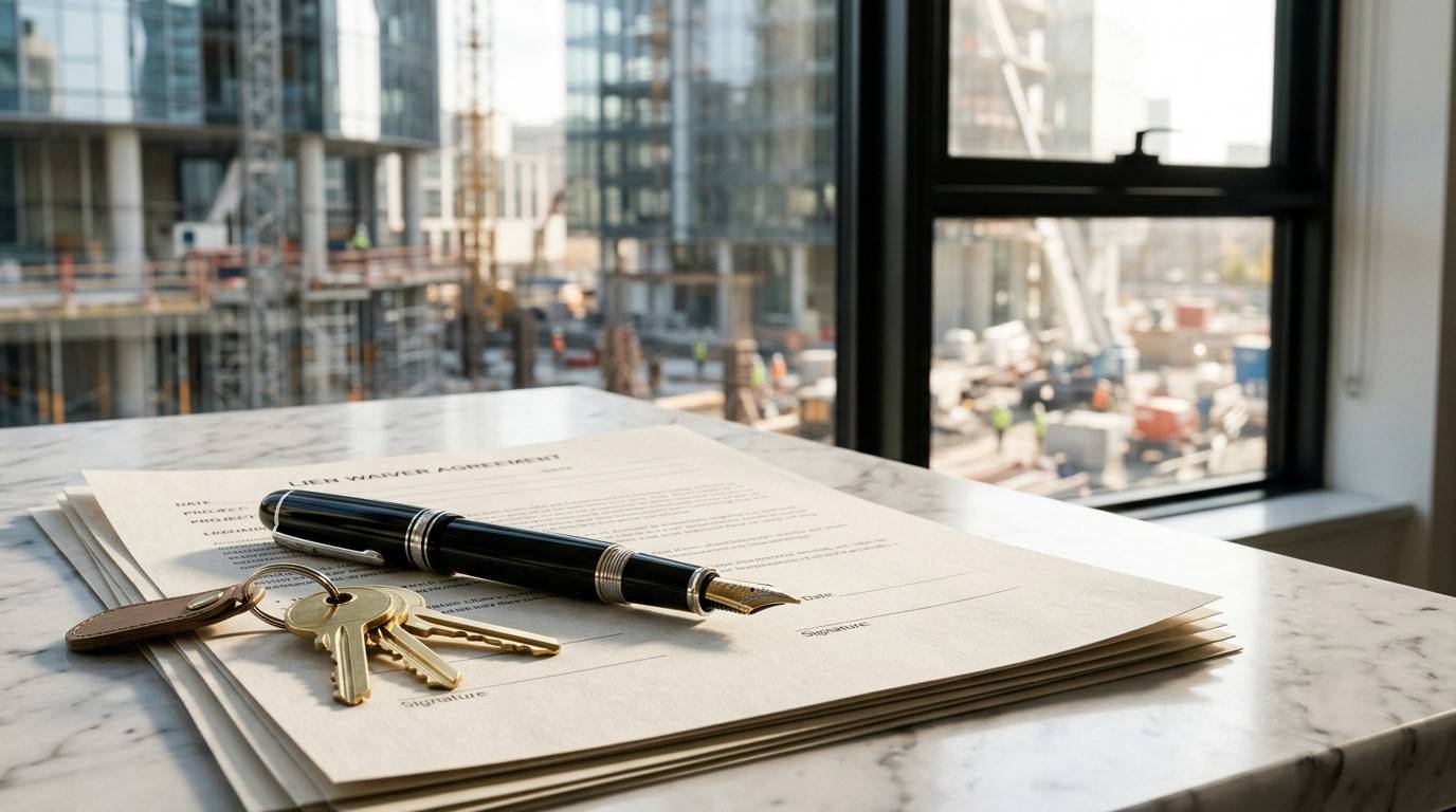 Keys and fountain pen on construction documents.