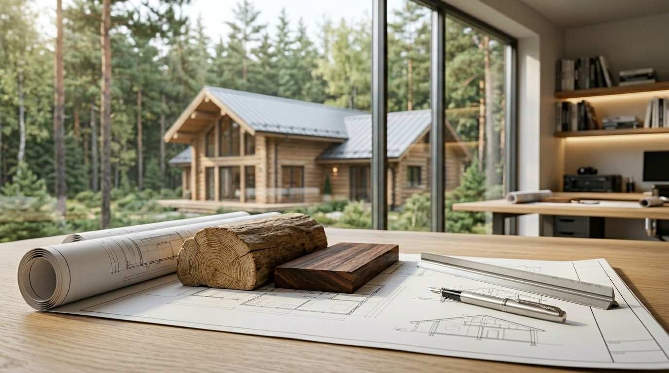 Log home blueprints with wood samples on a desk overlooking a forest cabin.