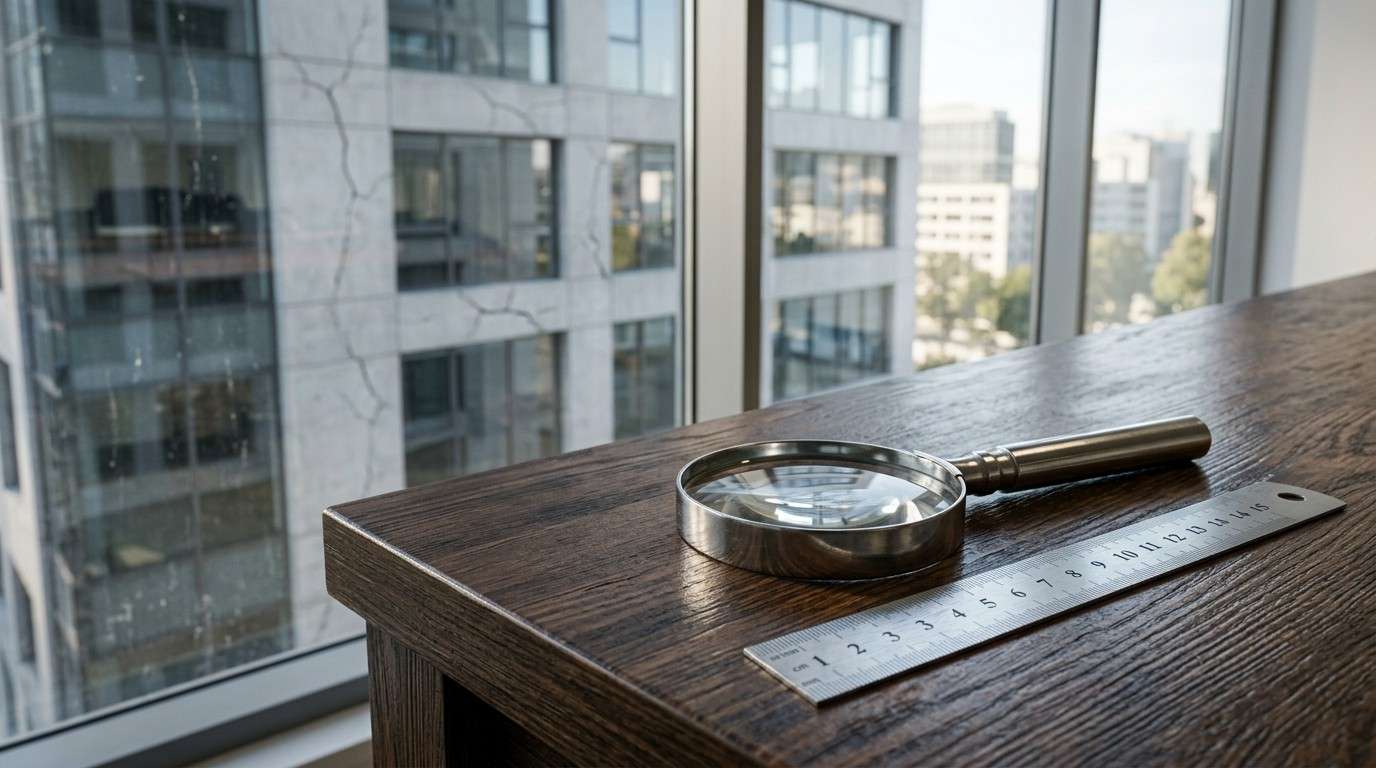 Magnifying glass and ruler on a desk by office windows.