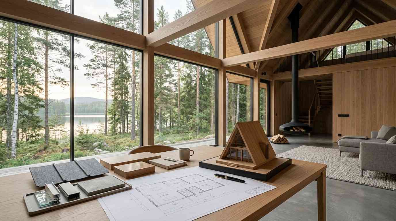 A-frame cabin model and floor plans on a table inside a modern timber home with forest views.