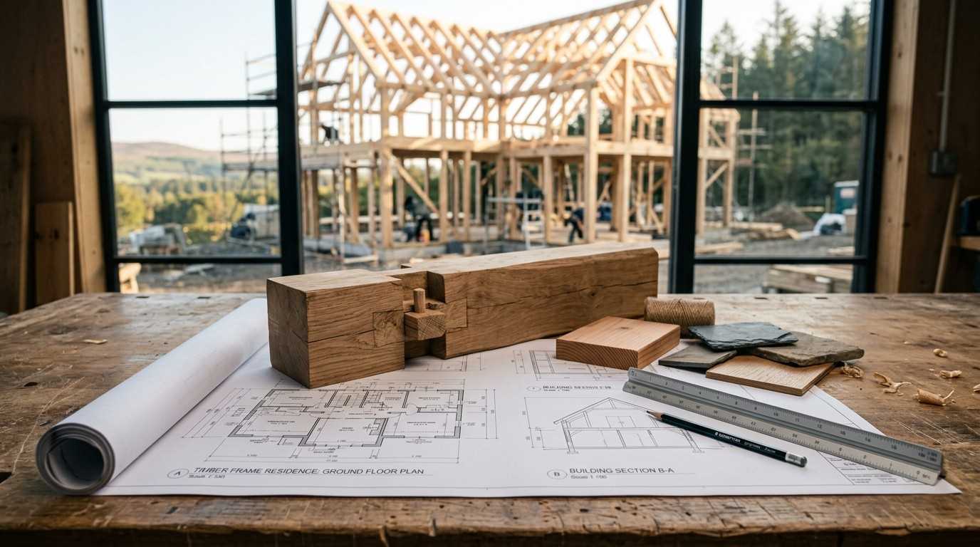 Timber frame house plans with wood joinery samples on a workbench overlooking a construction site.