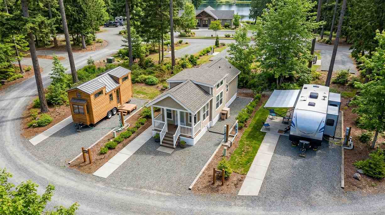 Aerial view of a planned resort community featuring a tiny home on wheels, a park model home, and a travel trailer on individual landscaped lots with utility hookups, paved walkways, and shared roads surrounded by mature trees, illustrating different compact housing options within a recreational residential setting.