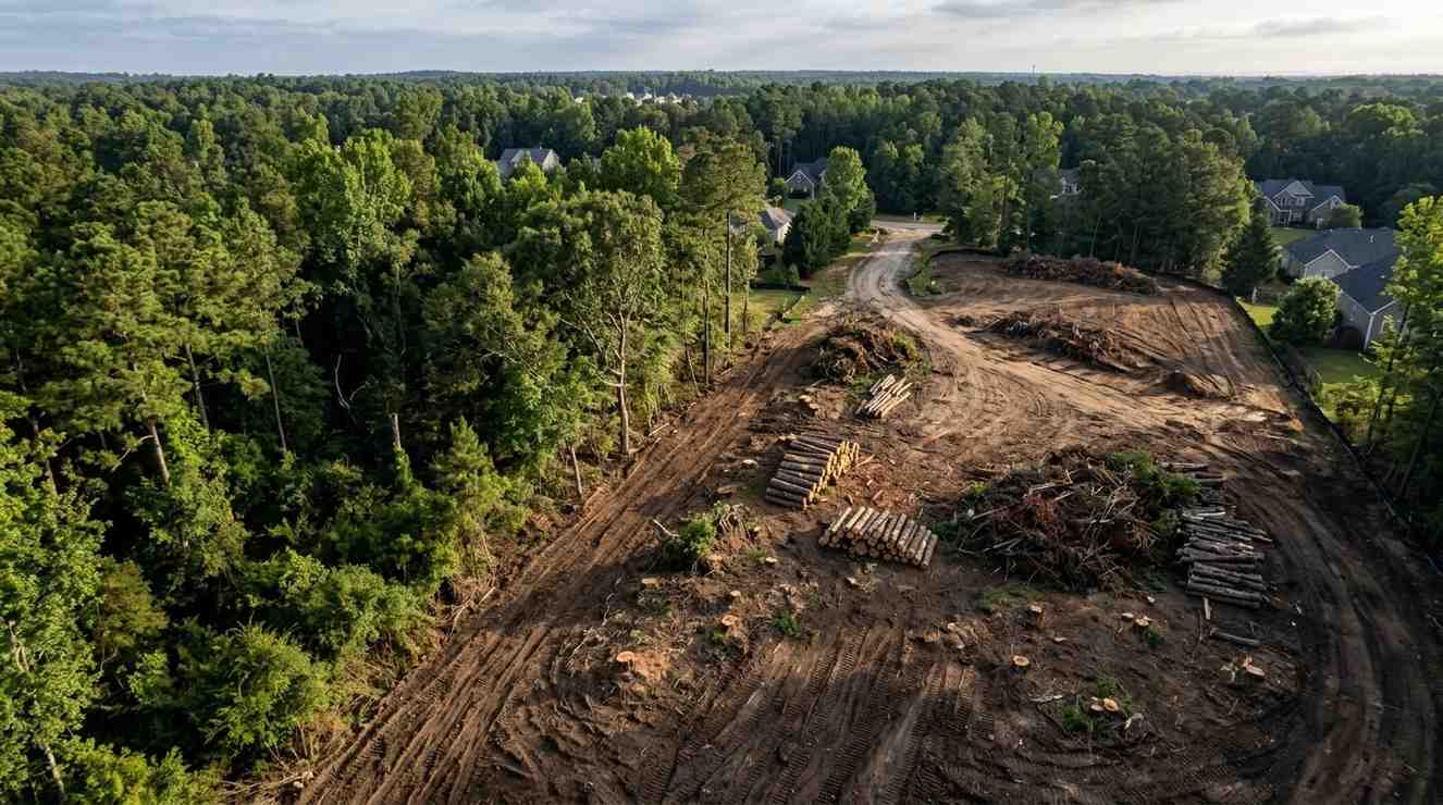 Aerial view of land clearing and site preparation project with cleared building pad, logging debris, and surrounding residential woodland