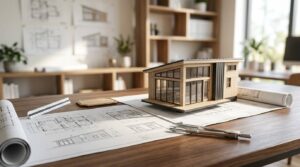 Modern tiny home model displayed on architectural plans with drafting tools in design studio.
