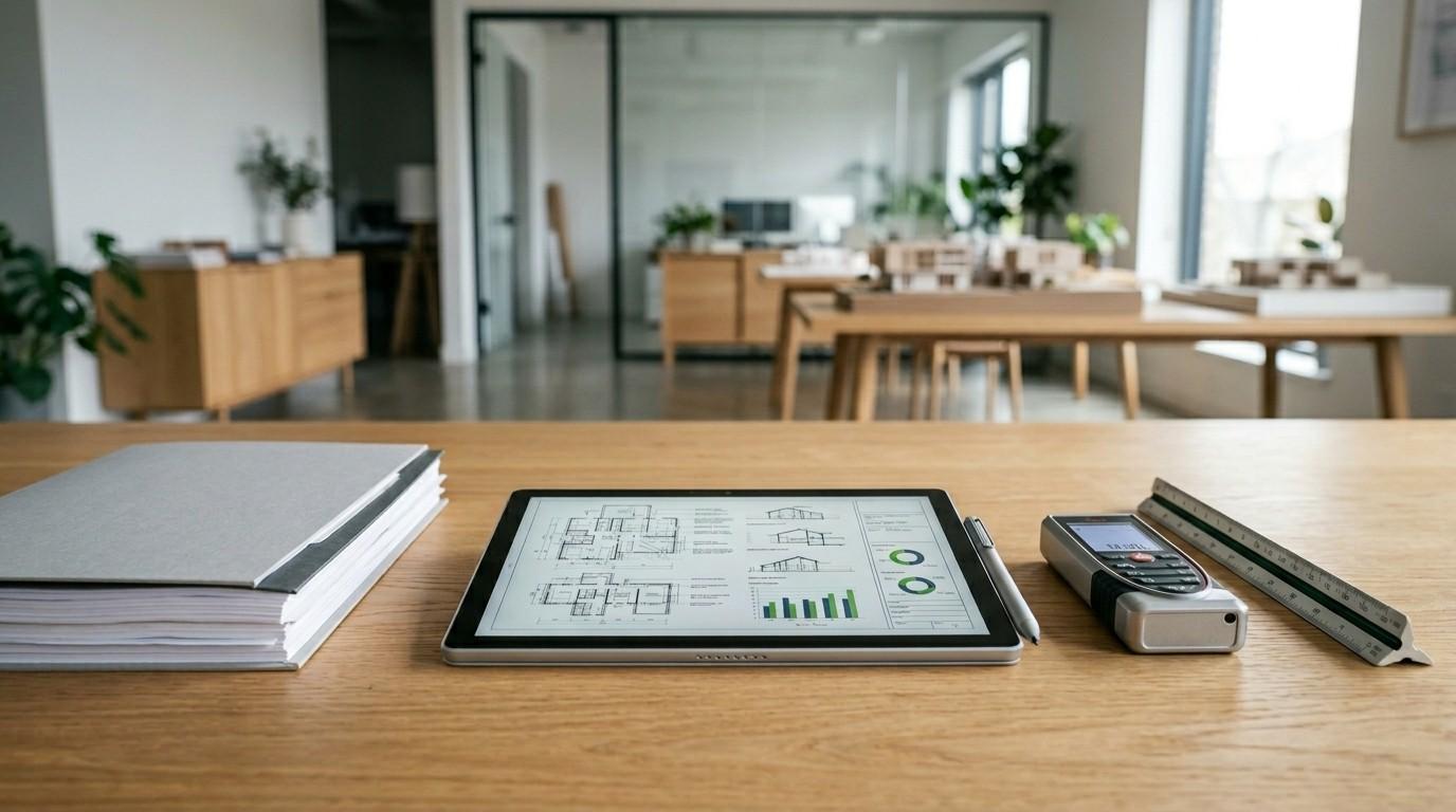 Tablet displaying architectural plans and project analytics on a desk beside a laser measuring tool, ruler, and document binder in a modern design office workspace.