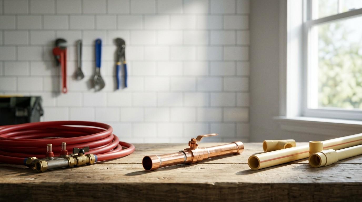 PEX, copper, and CPVC plumbing materials with fittings and valves displayed on a workbench.