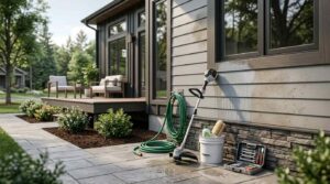 Exterior maintenance tools beside a modern park model home, featuring landscaping, patio seating, and routine upkeep equipment.