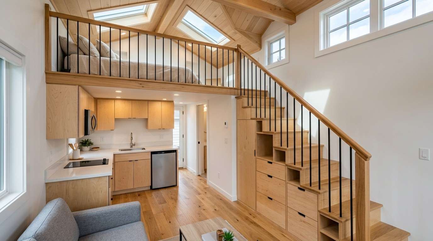 Interior of a modern tiny home featuring a loft bedroom accessed by a staircase with built-in storage drawers, a compact kitchen with light wood cabinetry and stainless steel appliances, vaulted ceilings with exposed wood beams, skylights, and an open-concept living area designed to maximize space and natural light.