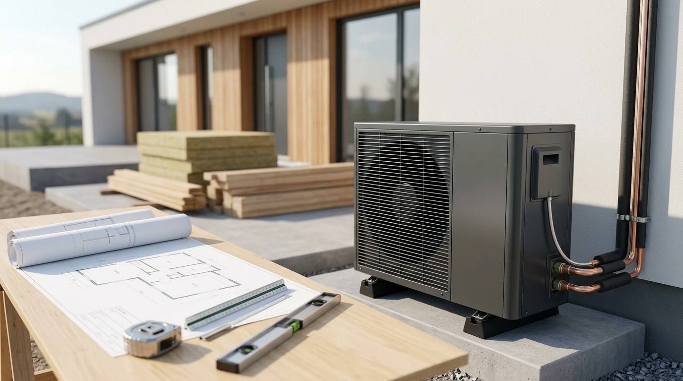 Heat pump installation for an energy-efficient new home construction project.