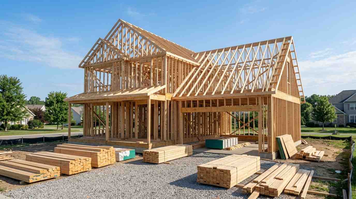 Wood-framed house under construction with exposed roof trusses and stacked lumber.